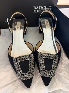 Badgley Mischka Black Crystal-Embellished Pointed Toe Slingback Heels